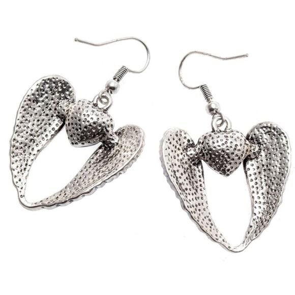 Silver with Ruby Red Crystal Angel Wing with Heart Dangling Hook Earrings - Picture 5 of 5